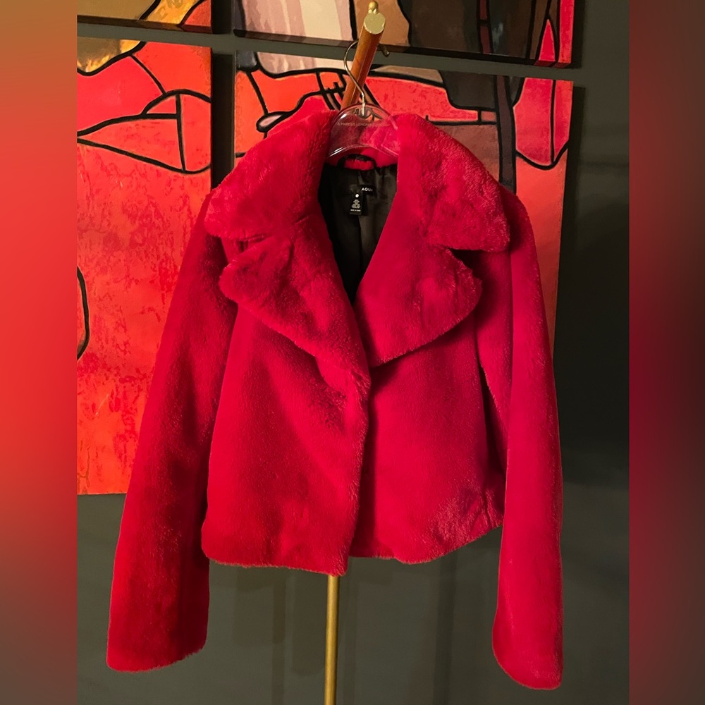 Aqua, Bloomingdales exclusive, red faux fur jacket, size xsmall.
